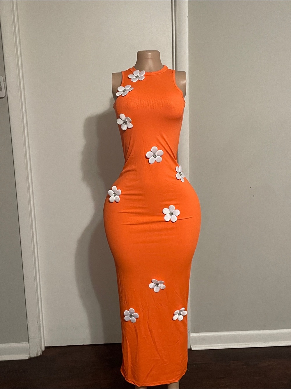 Orange Sleeveless Maxi Dress with White Floral Appliqués